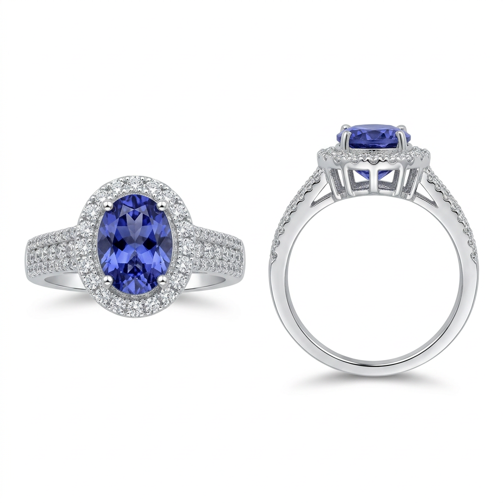 Sterling Silver Blue-Violet Oval CZ Halo Ring with Rhodium Finish