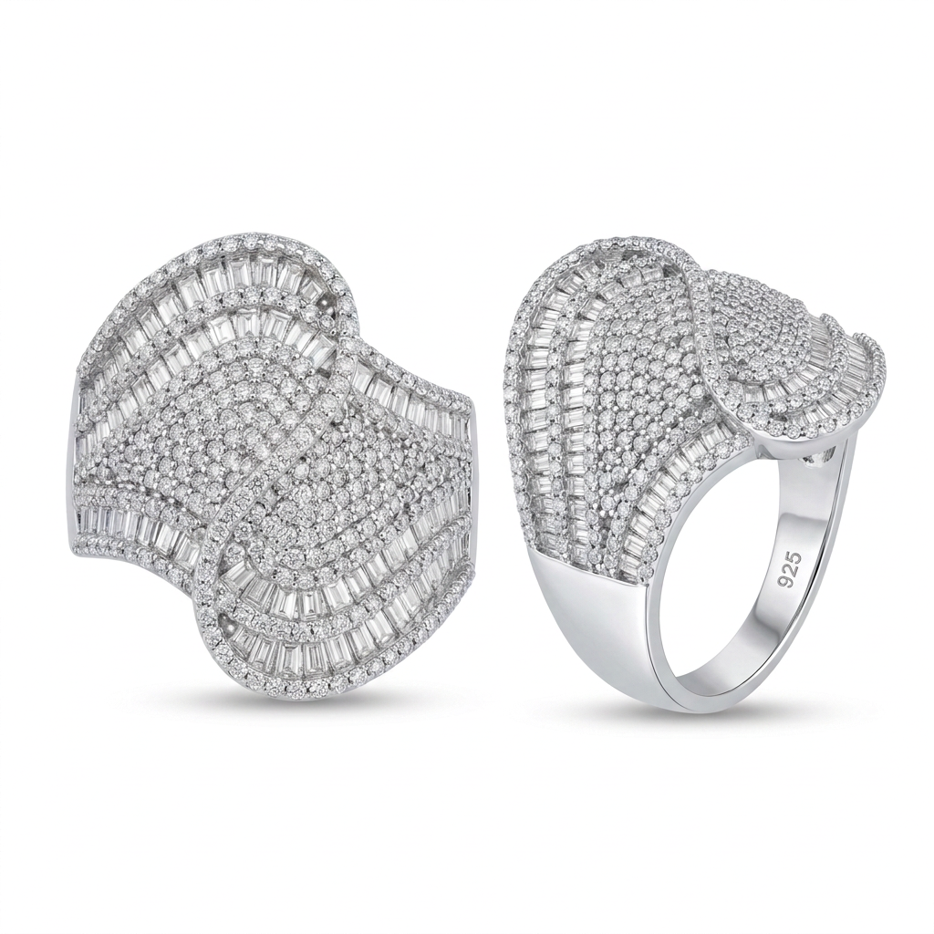 925 Sterling Silver CZ Wave Statement Ring with Rhodium Finish