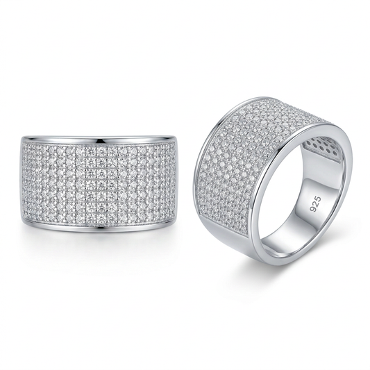 925 Sterling Silver CZ Wide Band Ring with Rhodium Finish