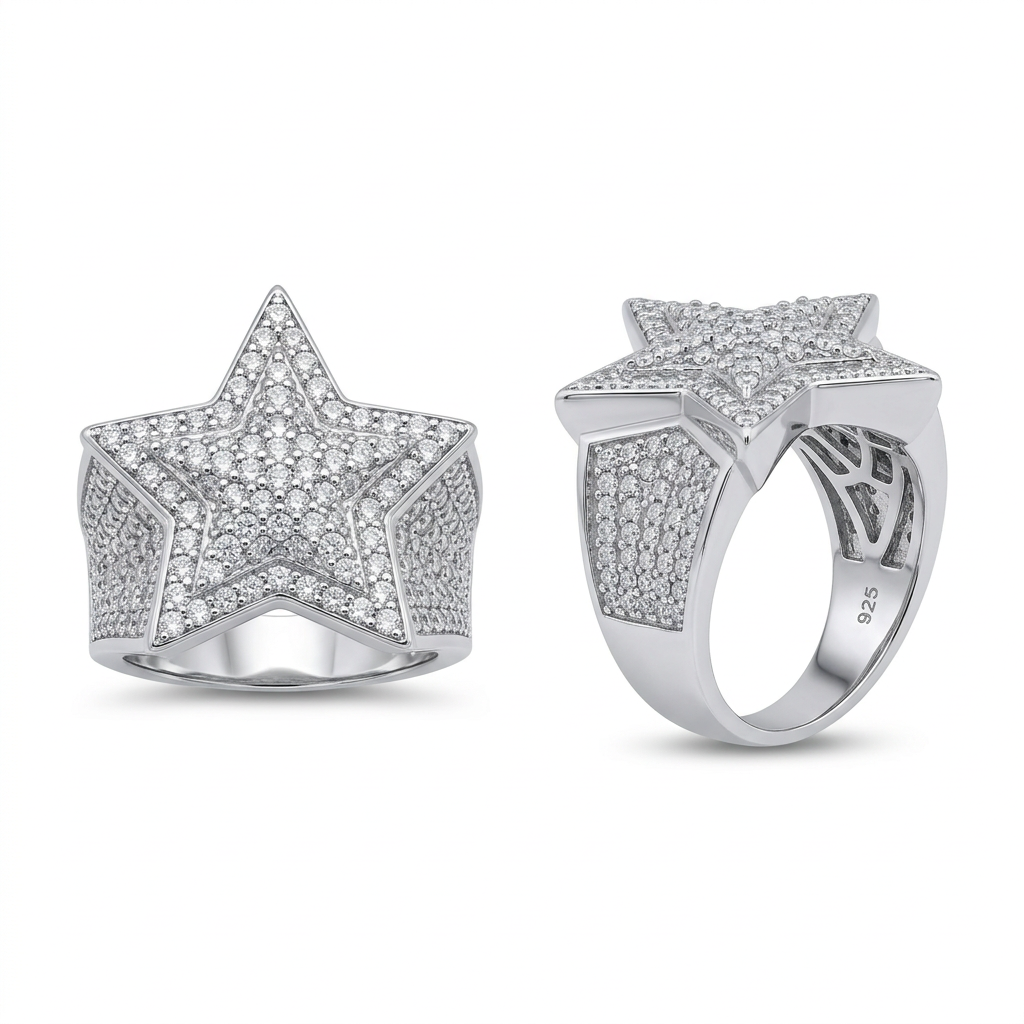 Sterling silver CZ star ring with rhodium finish, front and side views