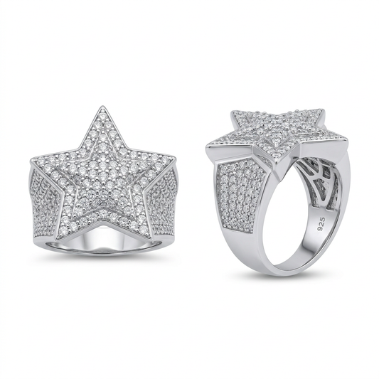 Sterling silver CZ star ring with rhodium finish, front and side views