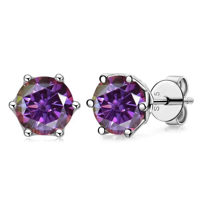 Colored Round Moissanite Stud Earrings in Sterling Silver