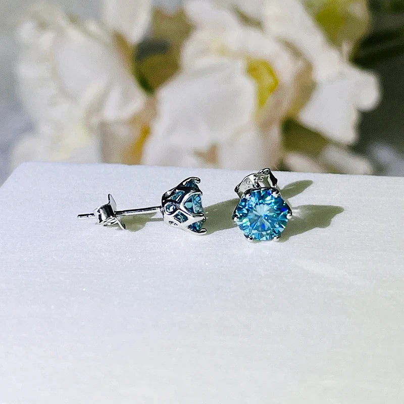 Colored Round Moissanite Stud Earrings in Sterling Silver