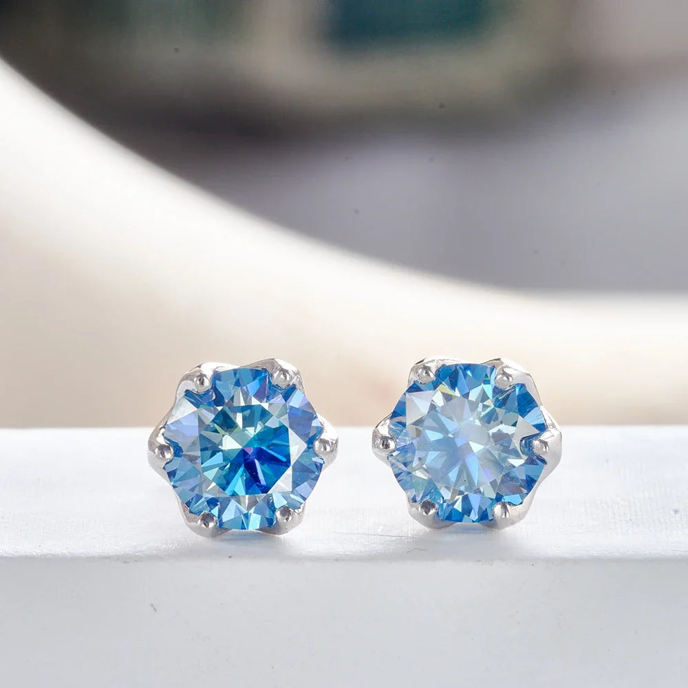 Colored Round Moissanite Stud Earrings in Sterling Silver