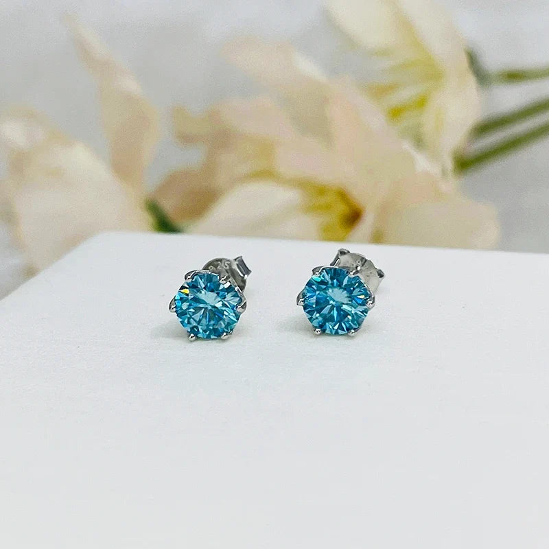 Colored Round Moissanite Stud Earrings in Sterling Silver