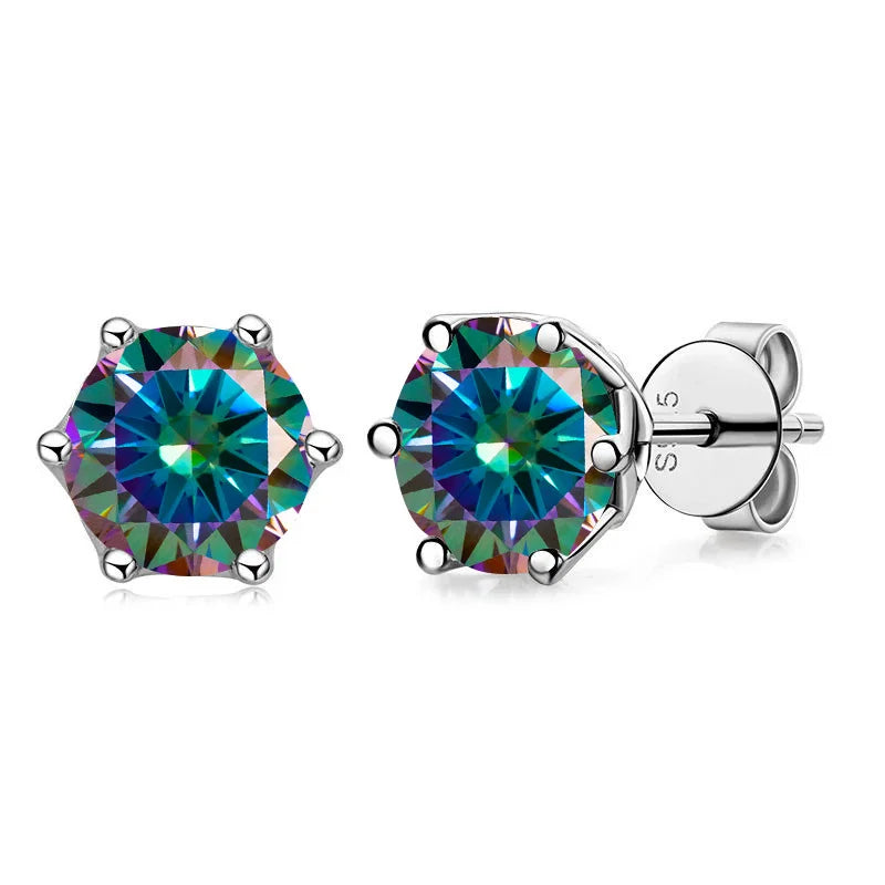 Colored Round Moissanite Stud Earrings in Sterling Silver