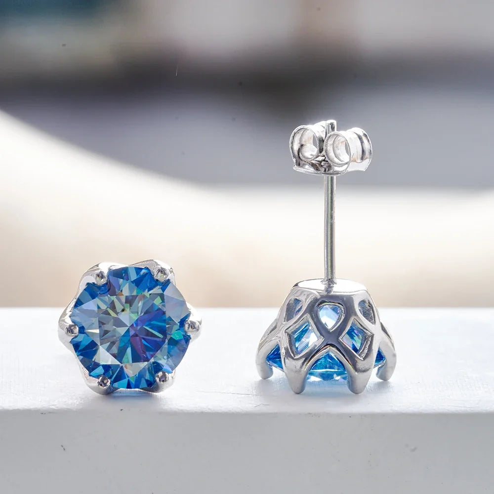 Colored Round Moissanite Stud Earrings in Sterling Silver
