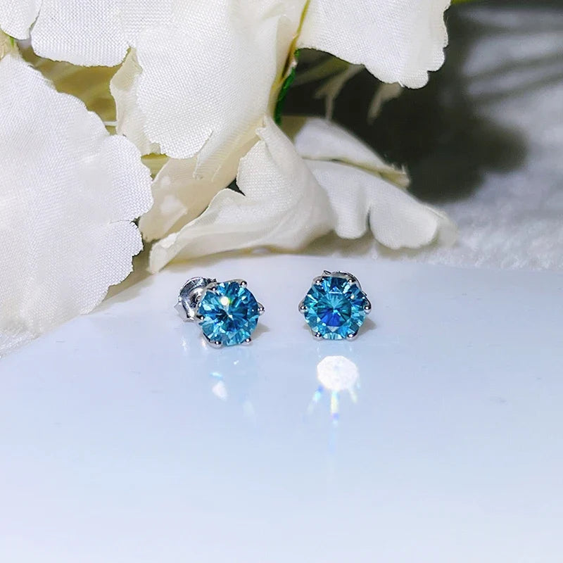 Colored Round Moissanite Stud Earrings in Sterling Silver