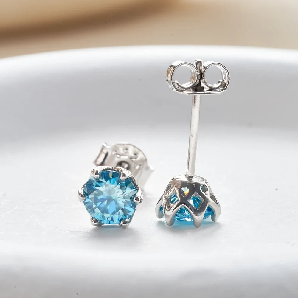 Colored Round Moissanite Stud Earrings in Sterling Silver