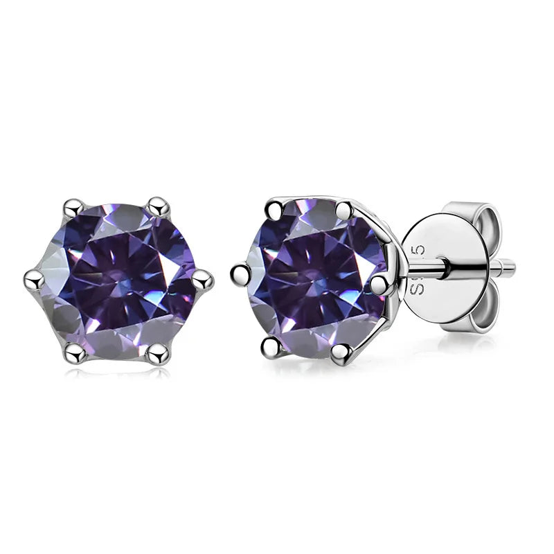 Colored Round Moissanite Stud Earrings in Sterling Silver